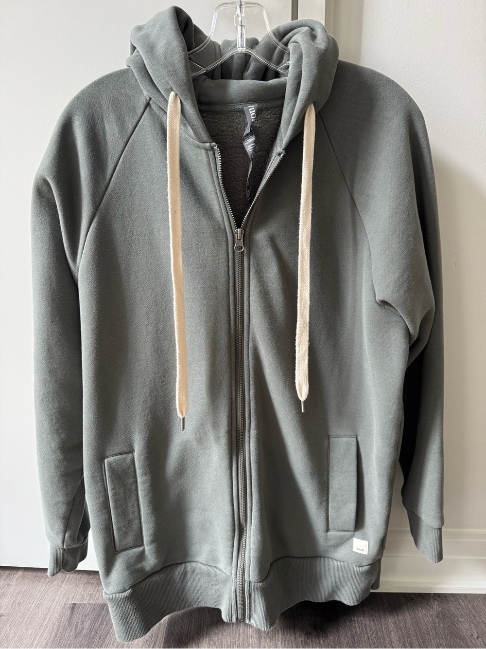 Vuori Olive Zip-Up Hoodie with Cream Drawcords